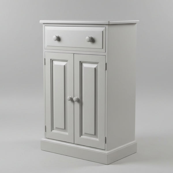 Gray cabinet with two doors and two drawers on a white background