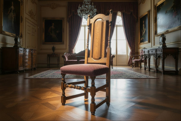 Grand room with classical furniture, paintings, and a chandelier.
