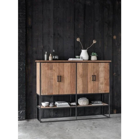 4 door cabinet with open shelving below using steel and reclaimed teak
