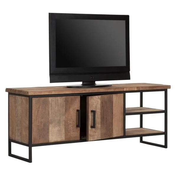 Reclaimed teak TV stand with a double cupboard and an open niche for AV equipement