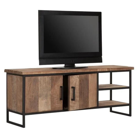 Reclaimed teak TV stand with a double cupboard and an open niche for AV equipement