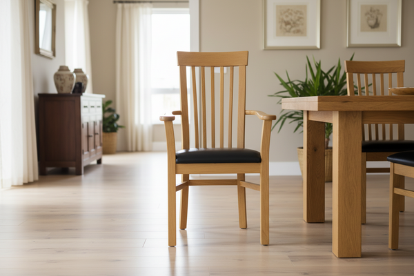 Solid oak carver dining chair with a black upholstered seat pad and very comfortable shaped slats, European made.