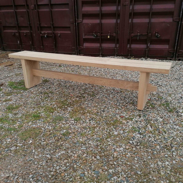 Solid Oak Bench with an oak slap end, stretcher and 2 x plank seat