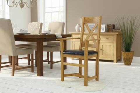 Oak cross-back carver chair with upholstered seat pad