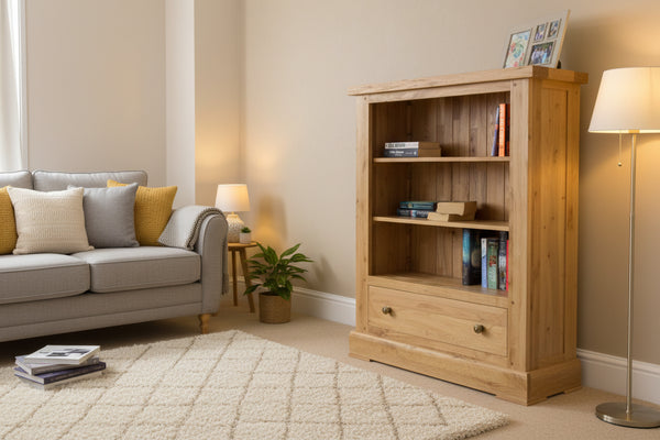 Solid oak 1 drawer bookcase with 2 x adjustable shelves