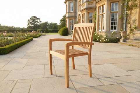 Teak Garden Stacking Chairs on patio of manor
