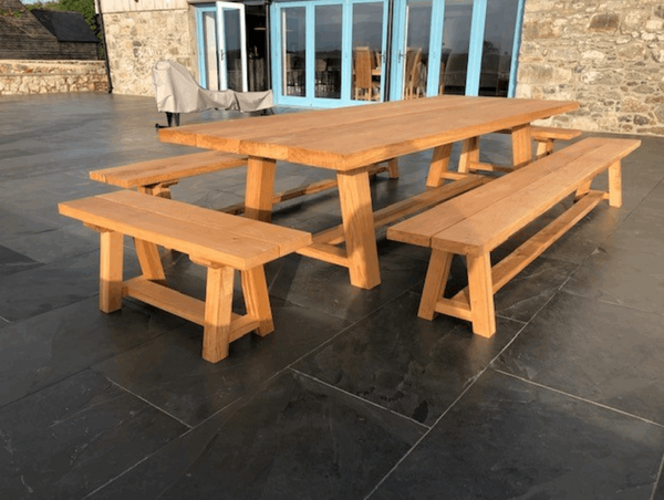 Handmade Oak Trestle Table with Trestle benches