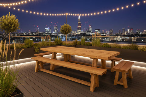 Outdoor Dining Furniture - Oak Splayed Leg Benches with table on roof garden in city