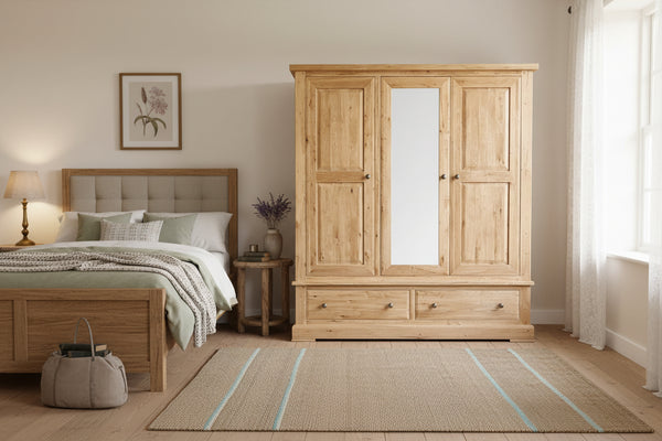 Triple solid oak wardrobe with centre mirrored door
