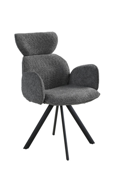 A modern gray bouclé upholstered chair with a rounded, sculptural design and black metal legs, shown against a plain white background.