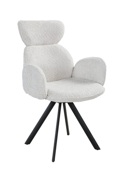 A modern dining chair upholstered in a textured boucle fabric in off-white, featuring a high backrest, integrated armrests, and a black metal four-star base, shown against a plain white background.