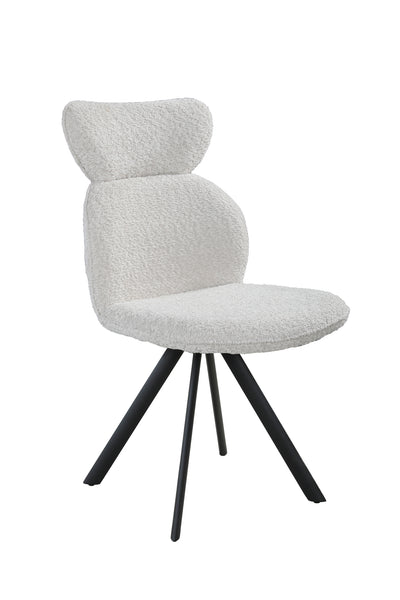A modern accent chair with a textured boucle upholstered seat and curved backrest, supported by four black metal legs, shown against a plain white background.