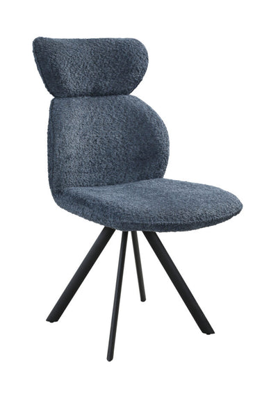 A modern dining chair with a textured, bouclé-like upholstered seat and backrest in a slate blue-gray color, supported by a black metal four-star base, shown against a plain white background.