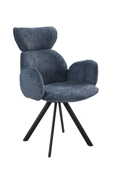 A modern armchair with a textured, shaggy blue-gray fabric upholstery and black metal legs, shown against a plain white background.