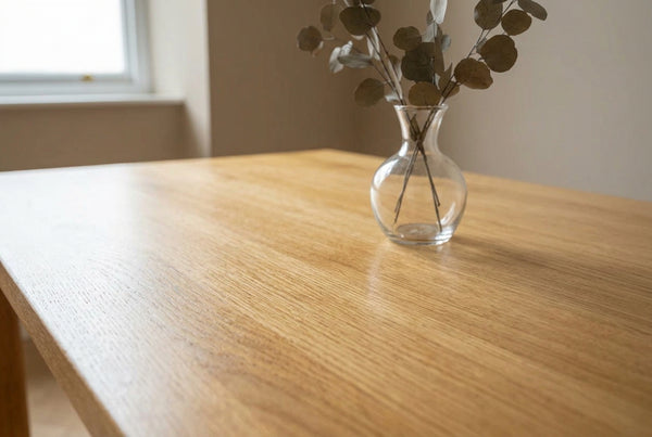 Handmade solid oak dining table in a light oak lacquered finish