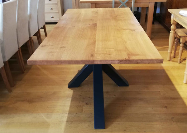 Sussex - Angled Steel and oak dining table in Country Ways Oak Furniture showroom