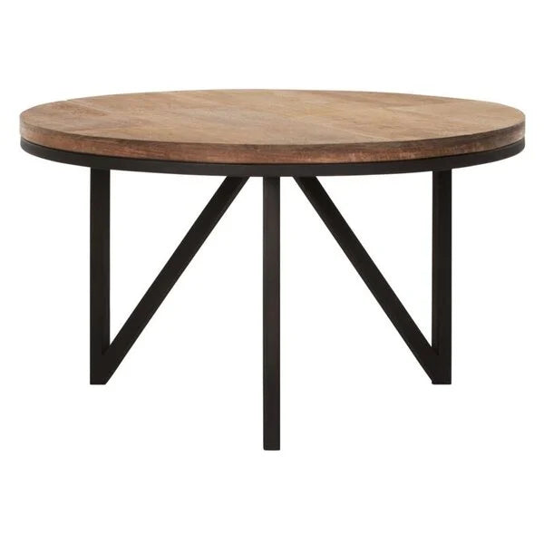 Reclaimed teak round coffee table with teak top and a black metal zigzag frame