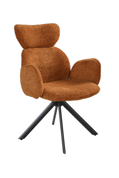A modern dining chair upholstered in a textured, shaggy brown fabric, featuring a rounded backrest, armrests, and a black metal four-star base, shown against a plain white background.