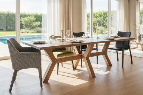 
sussex handmade angled oak dining table and chairs near large windows.