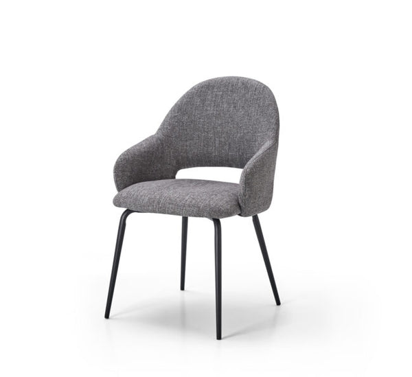A modern upholstered dining chair with a textured gray fabric seat and curved backrest, supported by slim black metal legs, shown against a plain white background.