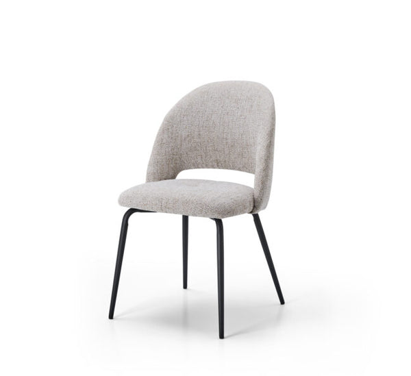 A modern dining chair with a light gray textured fabric upholstery and slim black metal legs, shown against a plain white background.