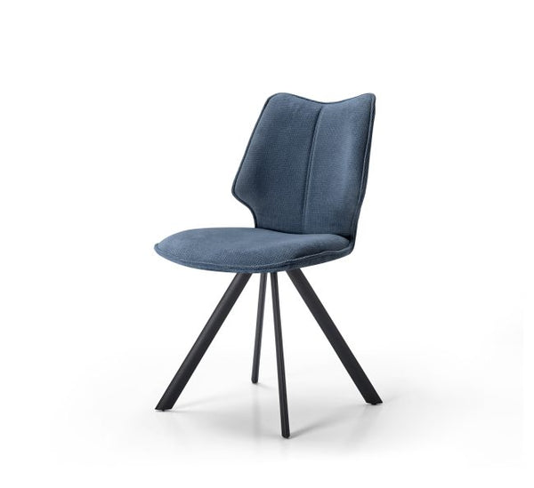 A modern dining chair with a blue upholstered seat and backrest, supported by four angled black metal legs, shown against a plain white background.