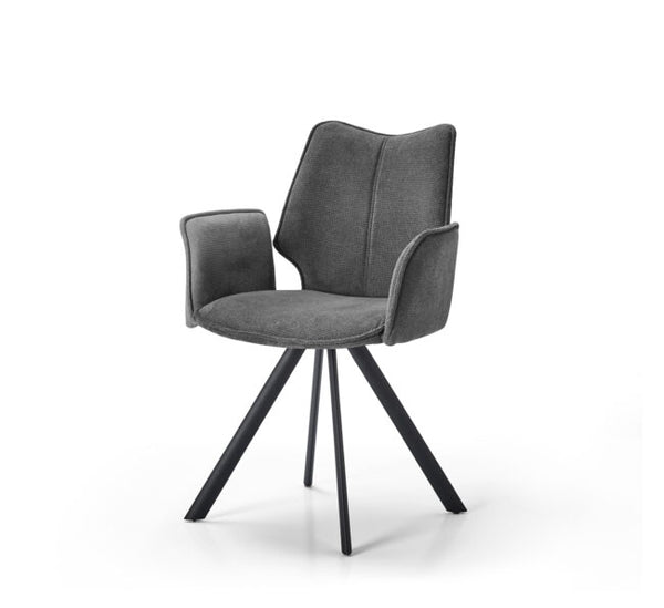 A modern gray upholstered dining chair with a high curved backrest, square armrests, and four black metal legs, shown on a clean white background.