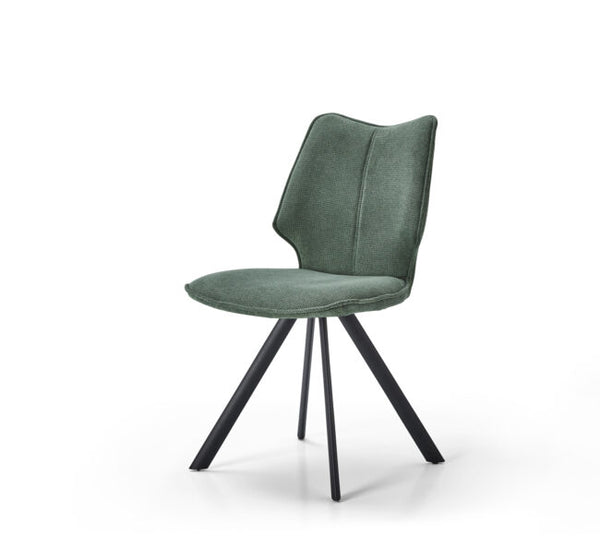 A modern dining chair with a textured sage green upholstered seat and curved backrest, supported by three black metal legs, shown against a plain white background.