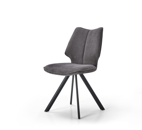 A modern gray upholstered dining chair with a sculptural curved backrest and three black metal legs, shown on a clean white background.