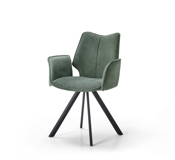 A modern upholstered dining chair with a sculptural wingback backrest, square armrests, and a black metal swivel base, shown on a white studio background.