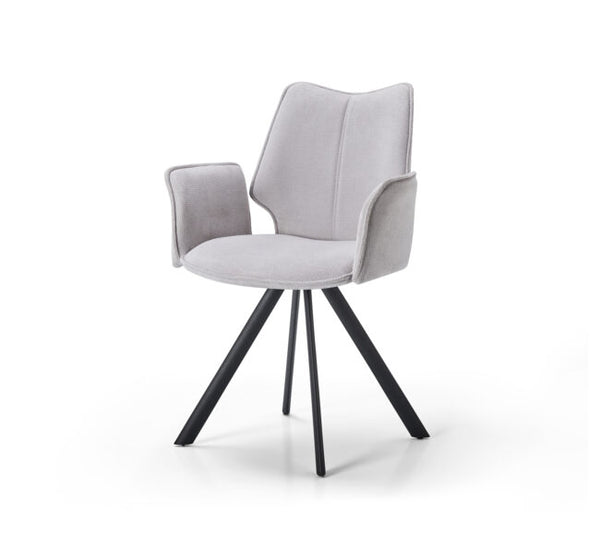 A modern dining chair with a light gray upholstered seat, backrest, and armrests, supported by a black metal swivel base, shown against a plain white background.