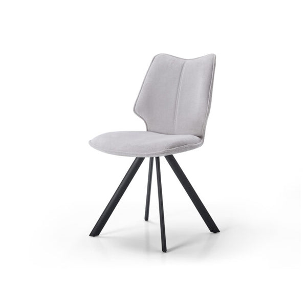 A modern dining chair with a light gray upholstered seat and curved backrest, supported by four angled black metal legs, shown on a white background.