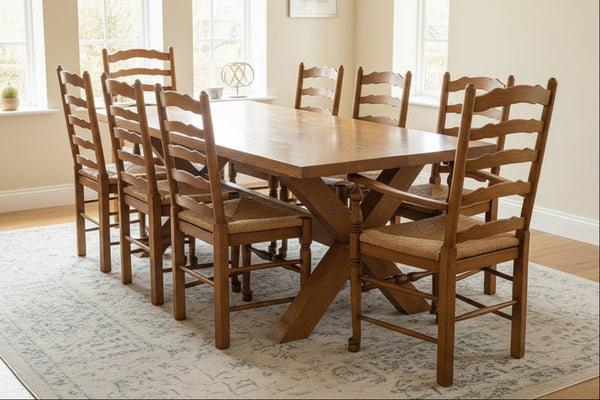 Extending soild oak cross leg dining table with 8 x chairs