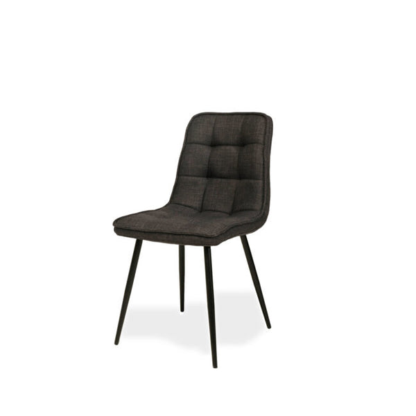 A modern dining chair with a dark gray tufted upholstered seat and backrest, supported by four slim black metal legs, shown against a plain white background.