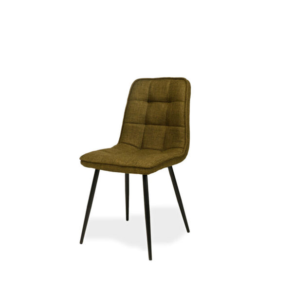 An upholstered dining chair with a textured olive green fabric seat and backrest featuring channel tufting, supported by slim black metal legs, shown against a plain white background.
