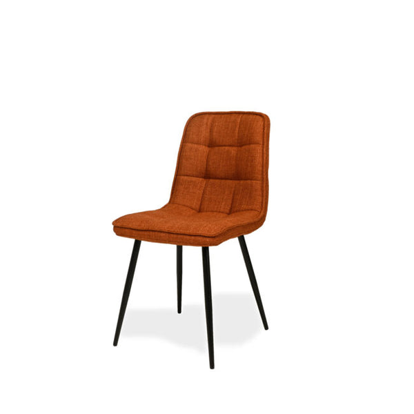 An upholstered dining chair with a textured rust-orange fabric seat and backrest, featuring a high tufted backrest and slim black metal legs, shown against a plain white background.