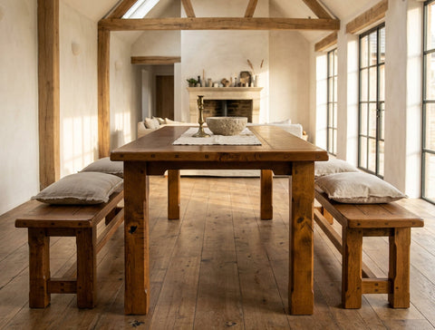 A large rectangular handmade English oak dining table with thick legs, shown in a Sussex Barn conversion with matching benches and light wood flooring.