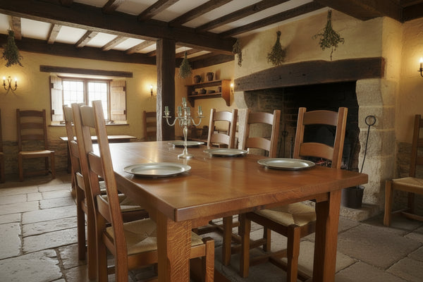 Sussex English oak Boarded refectory dining table in 16th century farmhouse dining room