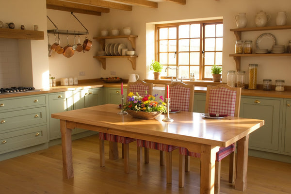 Boarded oak refectory dining table in a farmhouse kitchen