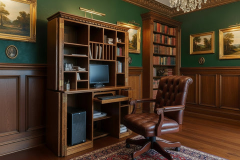 Handmade English oak computer workstation with shelves and a monitor inside a room in a manor house.