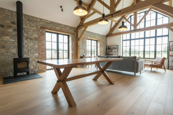 Handmade Sussex cross leg oak dining table in a converted barn with beams and wooden flooring.