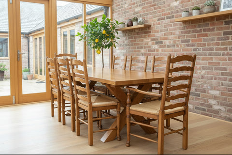 Handmade oak cross leg dining table with handmade traditional ladderback chairs in an orangery.