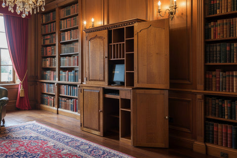 Handmade English oak workstation with a computer setup inside, featuring a monitor, keyboard, and mouse.
