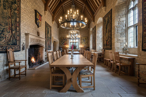 Handmade Moselle oak dining table with chairs in a large medieval dining room with vaulted ceilings and large windows.
