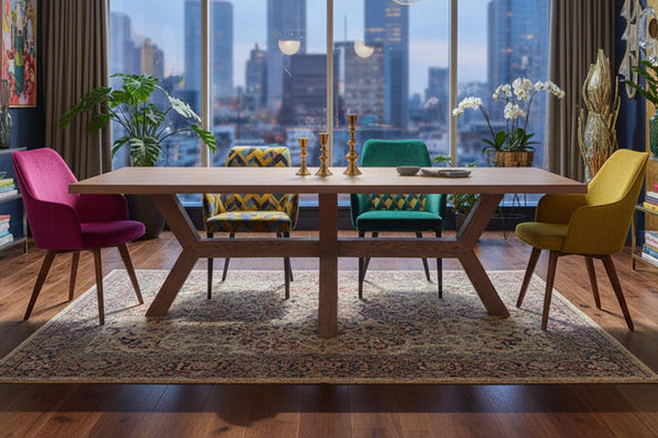 Modern angled base dining table with a large window view of a city skyline, in a maximalist dining room and colorful chairs