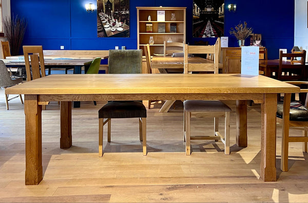 Handmade oak boarded refectory table in Country Ways oak furniture makers showroom