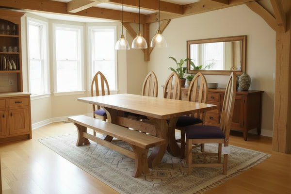 Handmade oak dining table with chairs and a bench in a dining room setting