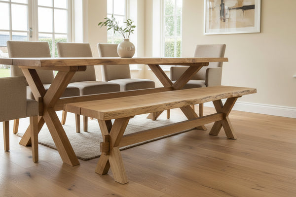 Handmade Oak cross leg table and bench in a modern dining room
