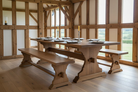 Handmade English Lyre End Table and benches shown in character oak in an oak framed dining room