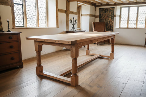 Sussex handmade Traditional oak refectory table with cannon turned legs in a 17th century house